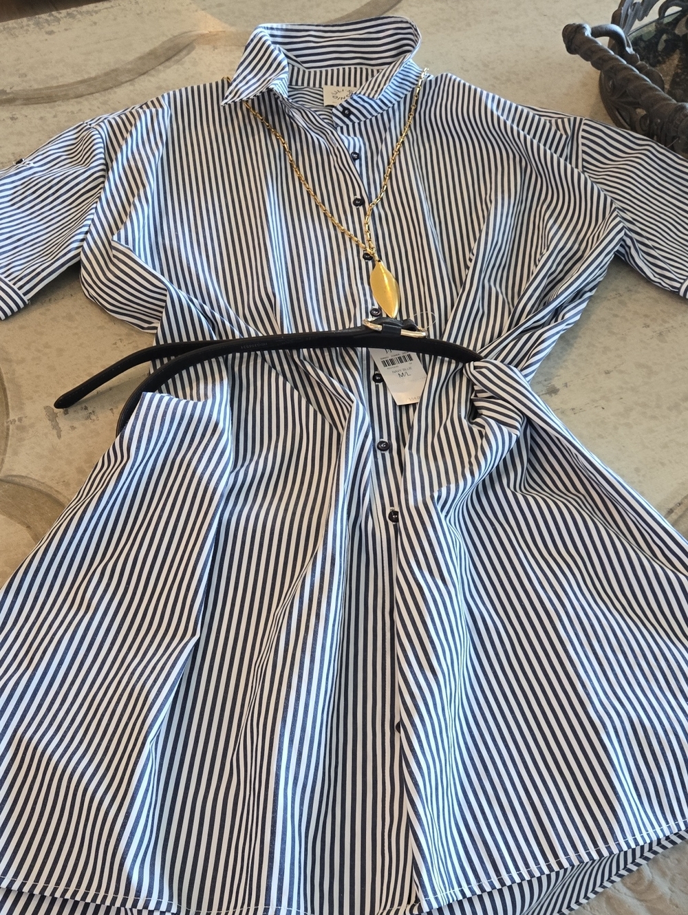 Crisp Shirt Dress by Lili Sidonio, Navy & White Stripe, Size L, NWT